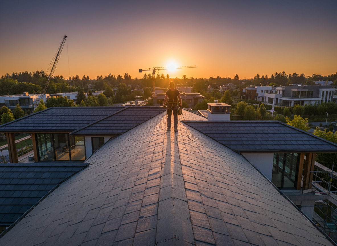 Roofer working on a premium slate roof at golden hour